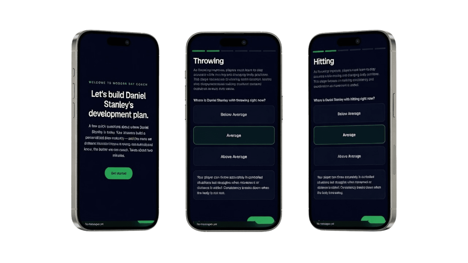 Three iPhones showing Modern Day Coach parent onboarding and skill-rating screens.