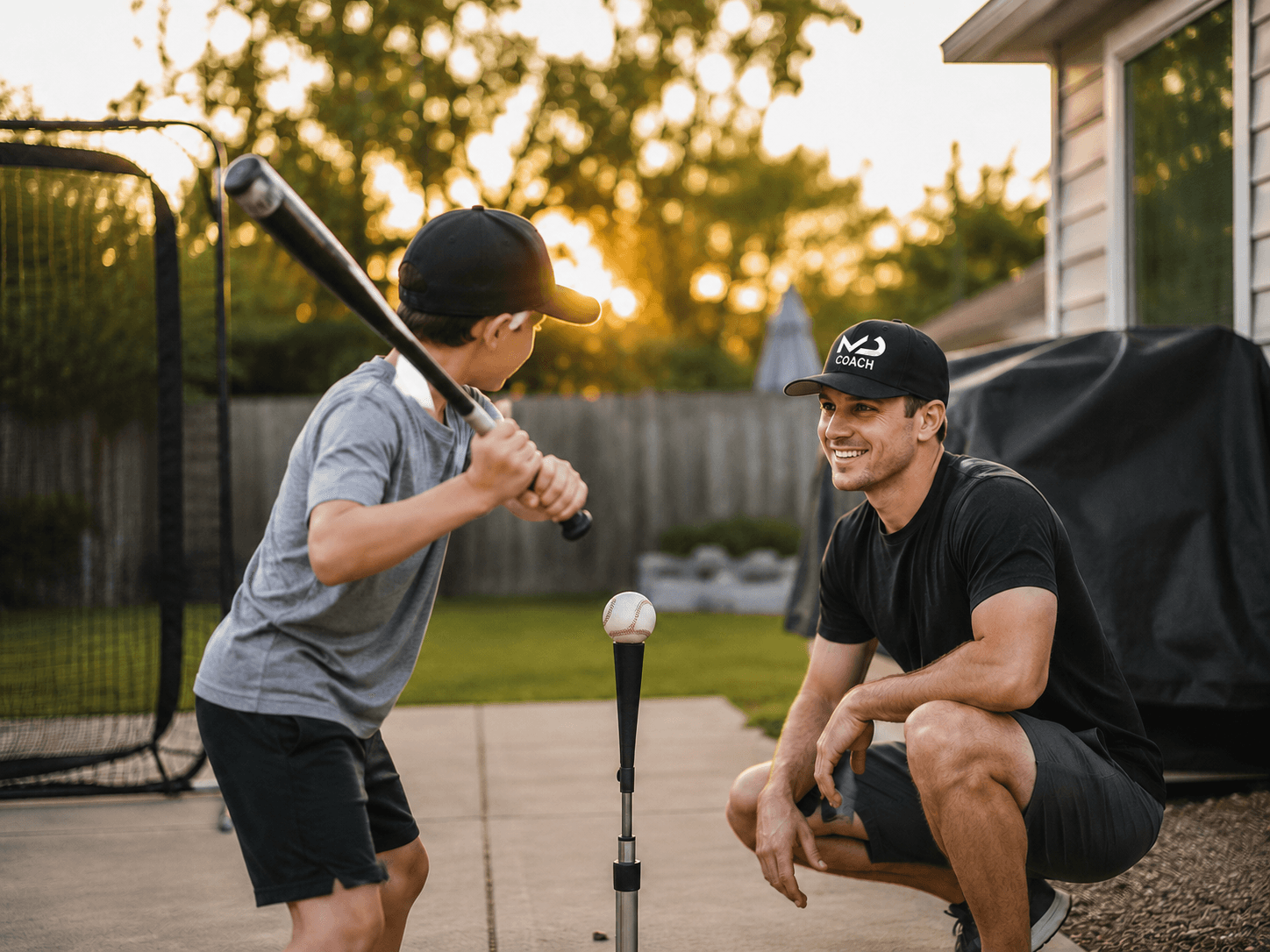 A coach helping a young baseball player practice hitting at home.
