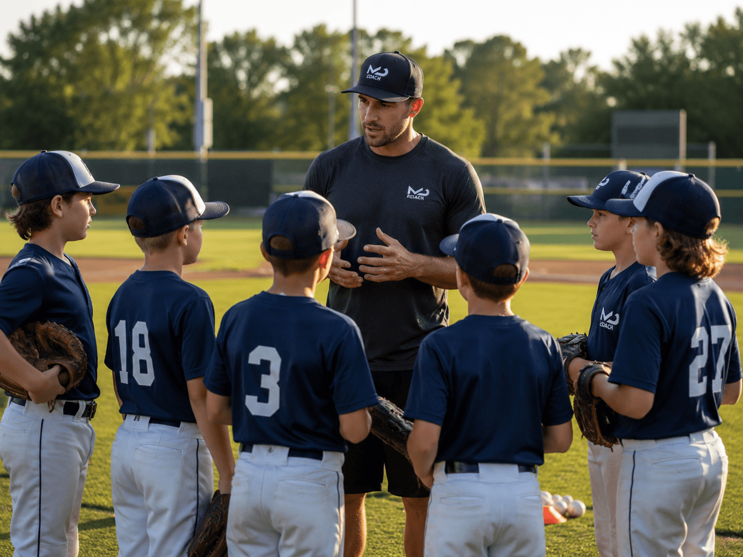 A Modern Day Coach instructor speaking to a youth baseball team.